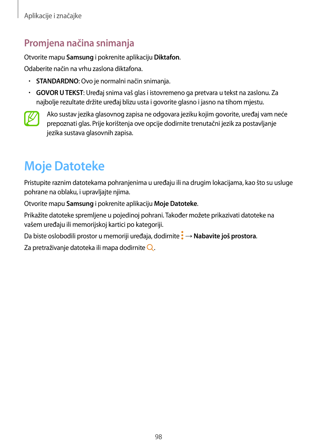 Samsung SM-A520FZBASEE, SM-A520FZKASEE, SM-A520FZIASEE, SM-A320FZKNSEE manual Moje Datoteke, Promjena načina snimanja 