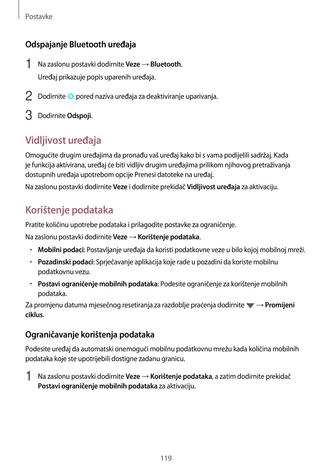 Samsung SM-A520FZDASEE, SM-A520FZKASEE manual Vidljivost uređaja, Korištenje podataka, Odspajanje Bluetooth uređaja, Ciklus 