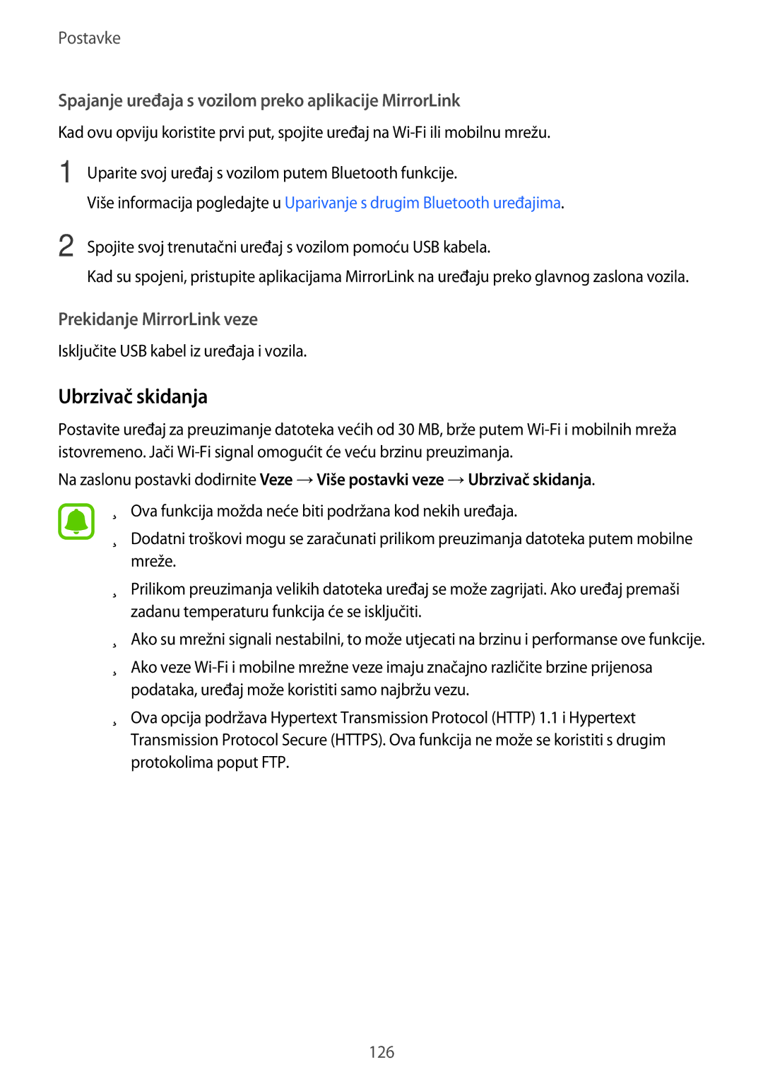 Samsung SM-A520FZBASEE, SM-A520FZKASEE manual Ubrzivač skidanja, Spajanje uređaja s vozilom preko aplikacije MirrorLink 