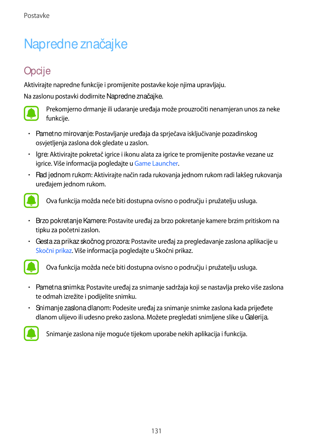 Samsung SM-A520FZDASEE, SM-A520FZKASEE, SM-A520FZIASEE, SM-A520FZBASEE manual Napredne značajke, Opcije 