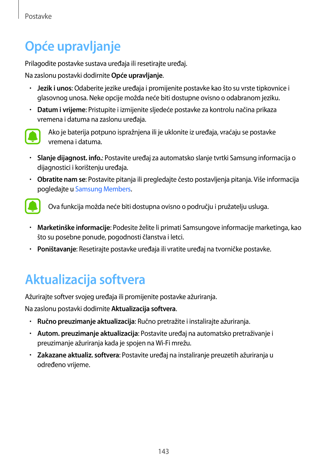 Samsung SM-A520FZDASEE, SM-A520FZKASEE, SM-A520FZIASEE, SM-A520FZBASEE manual Opće upravljanje, Aktualizacija softvera 