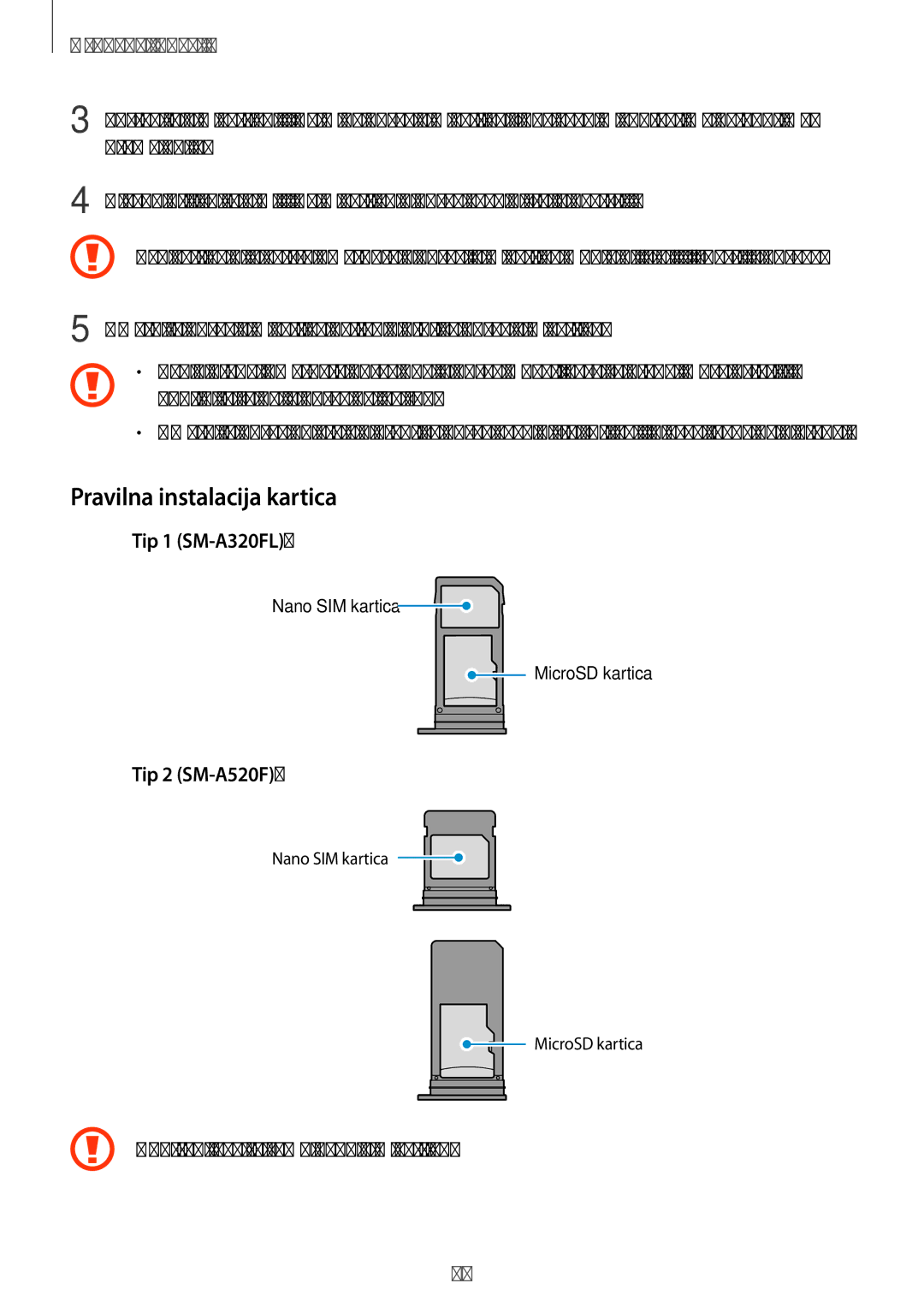 Samsung SM-A520FZDASEE, SM-A520FZKASEE, SM-A520FZIASEE, SM-A520FZBASEE manual Pravilna instalacija kartica 