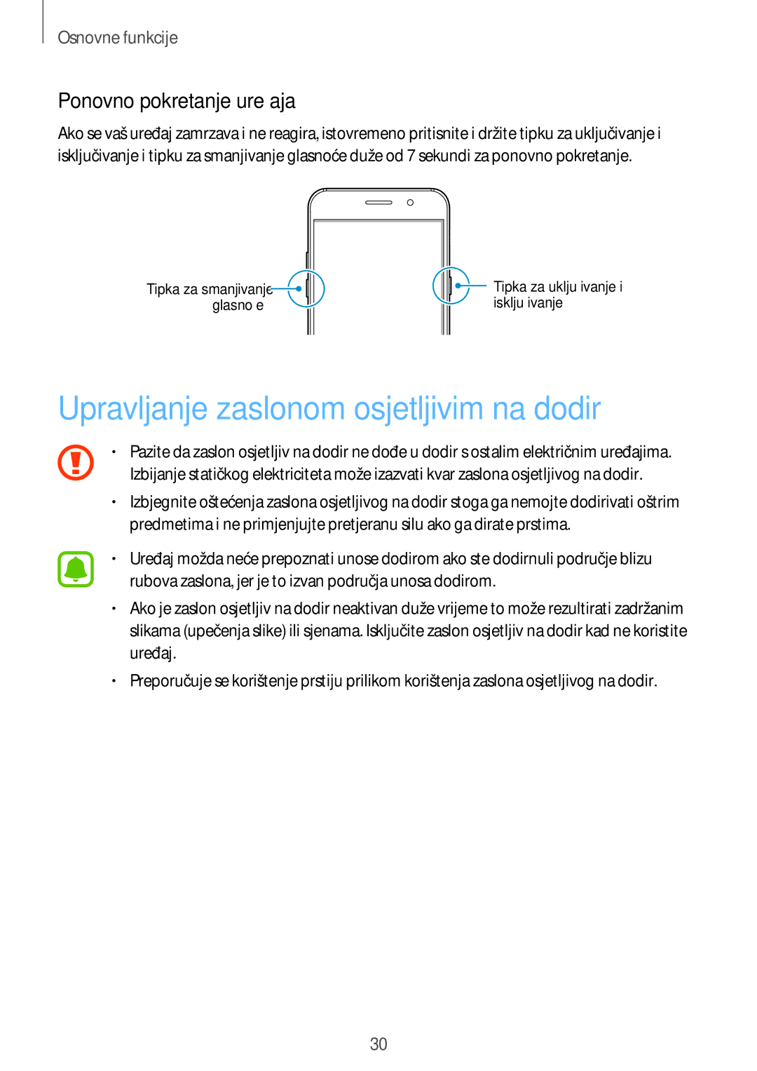 Samsung SM-A520FZBASEE, SM-A520FZKASEE manual Upravljanje zaslonom osjetljivim na dodir, Ponovno pokretanje uređaja 