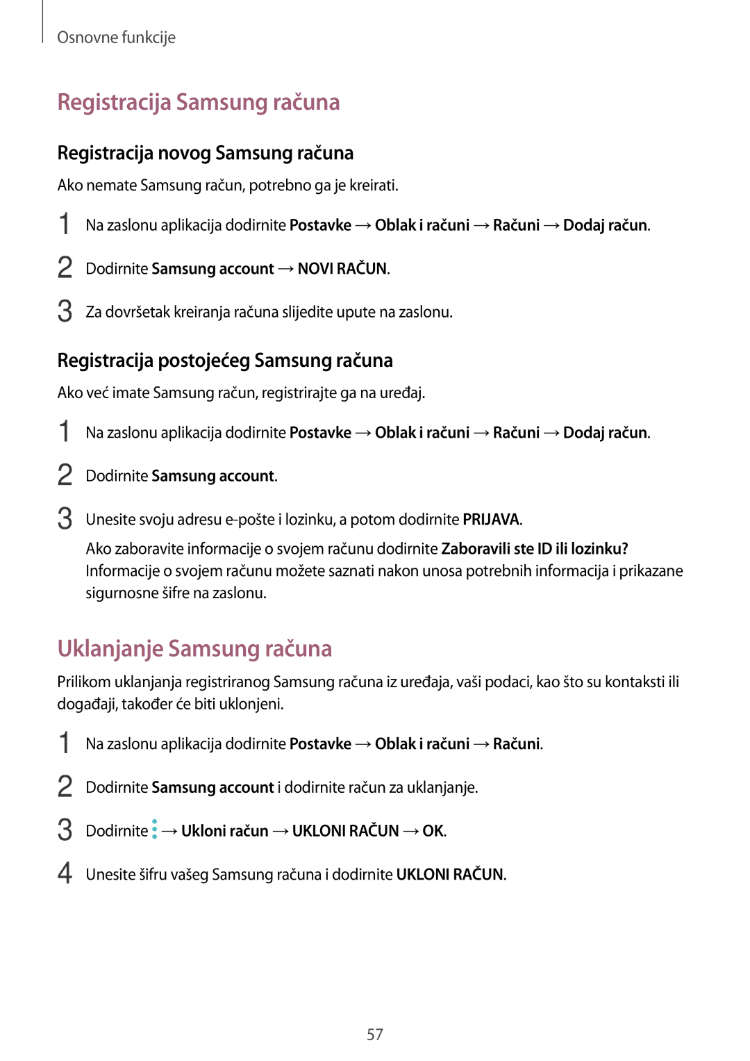 Samsung SM-A520FZIASEE manual Registracija Samsung računa, Uklanjanje Samsung računa, Registracija novog Samsung računa 