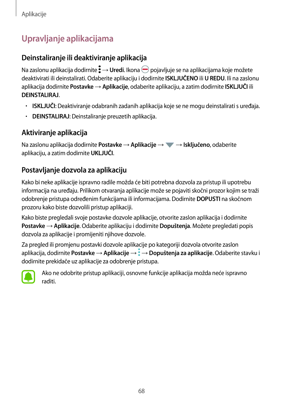 Samsung SM-A520FZKASEE manual Upravljanje aplikacijama, Deinstaliranje ili deaktiviranje aplikacija, Aktiviranje aplikacija 
