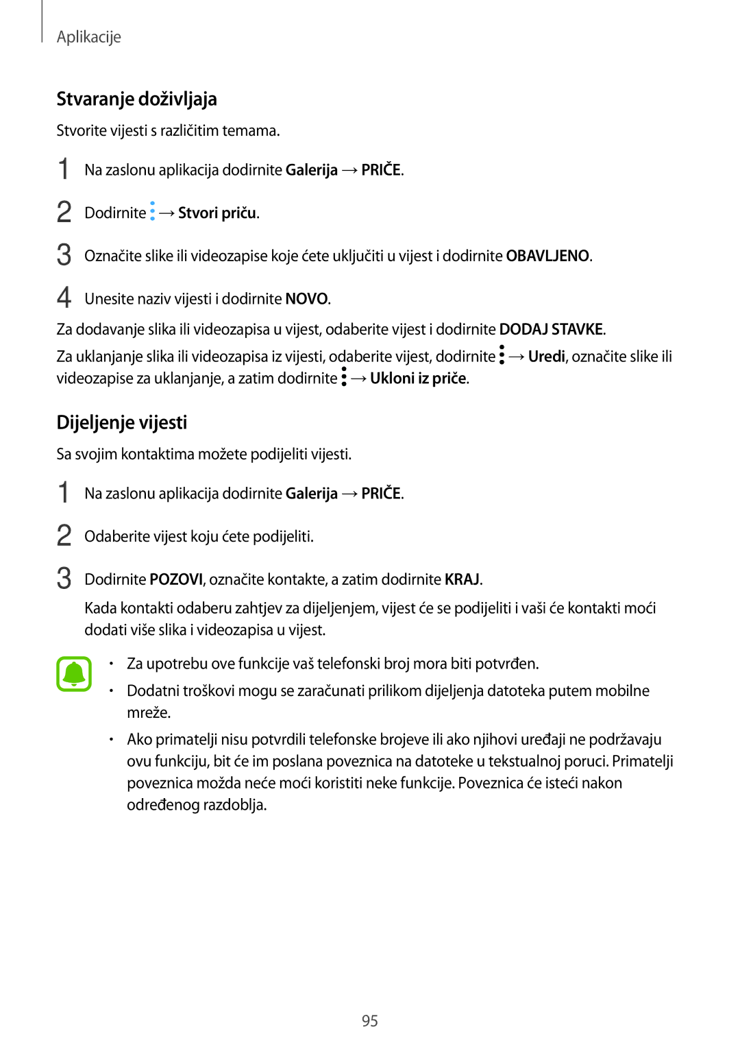 Samsung SM-A520FZDASEE, SM-A520FZKASEE, SM-A520FZIASEE, SM-A520FZBASEE manual Stvaranje doživljaja, Dijeljenje vijesti 