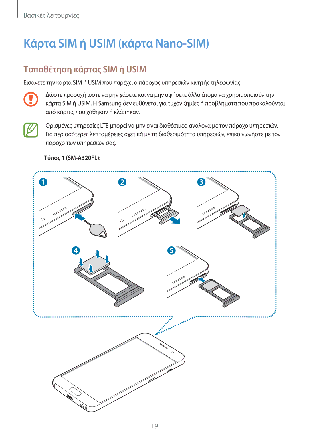 Samsung SM-A520FZDAEUR, SM-A520FZKAVGR, SM-A520FZKAEUR manual Κάρτα SIM ή Usim κάρτα Nano-SIM, Τοποθέτηση κάρτας SIM ή Usim 