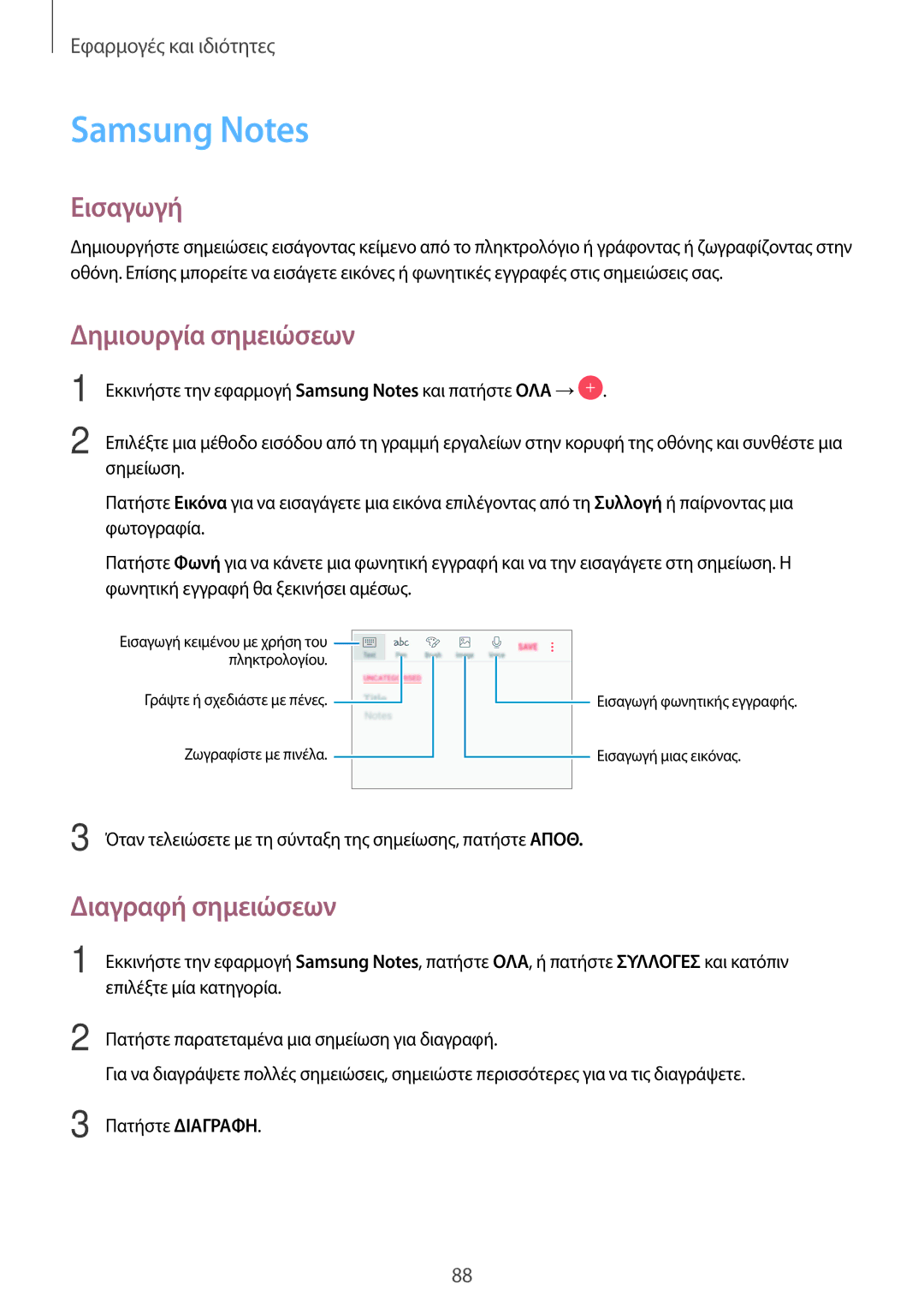 Samsung SM-A320FZKNCYV, SM-A520FZKAVGR, SM-A520FZKAEUR manual Samsung Notes, Δημιουργία σημειώσεων, Διαγραφή σημειώσεων 