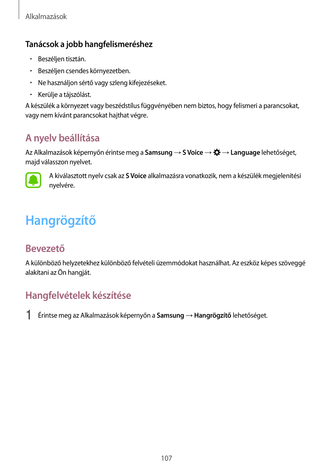 Samsung SM-A520FZKAXEH manual Hangrögzítő, Nyelv beállítása, Hangfelvételek készítése, Tanácsok a jobb hangfelismeréshez 