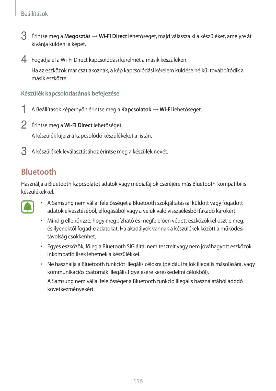 Samsung SM-A520FZKAXEH manual Bluetooth, Készülék kapcsolódásának befejezése 