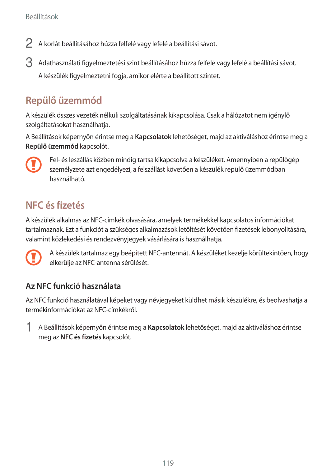 Samsung SM-A520FZKAXEH manual Repülő üzemmód, NFC és fizetés, Az NFC funkció használata 