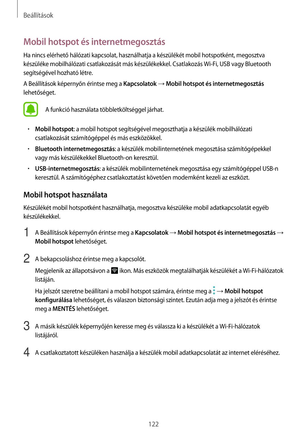 Samsung SM-A520FZKAXEH manual Mobil hotspot és internetmegosztás, Mobil hotspot használata 