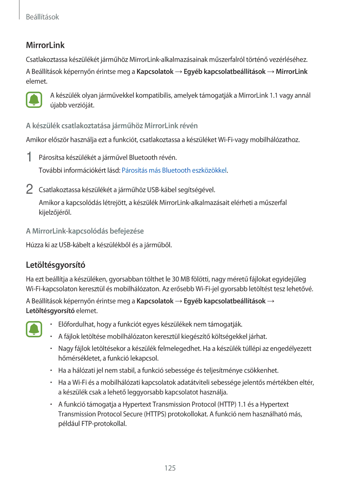 Samsung SM-A520FZKAXEH manual MirrorLink, Letöltésgyorsító 