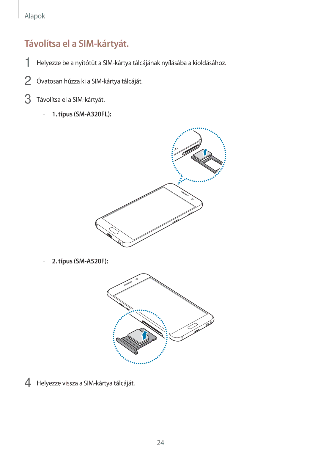 Samsung SM-A520FZKAXEH manual Távolítsa el a SIM-kártyát, Típus SM-A320FL Típus SM-A520F 