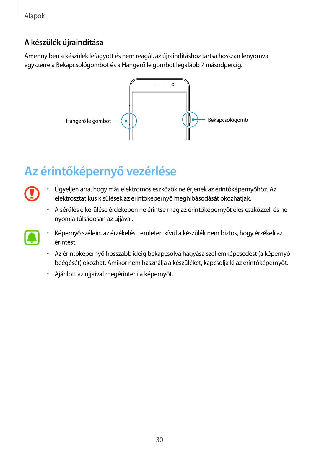 Samsung SM-A520FZKAXEH manual Az érintőképernyő vezérlése, Készülék újraindítása 