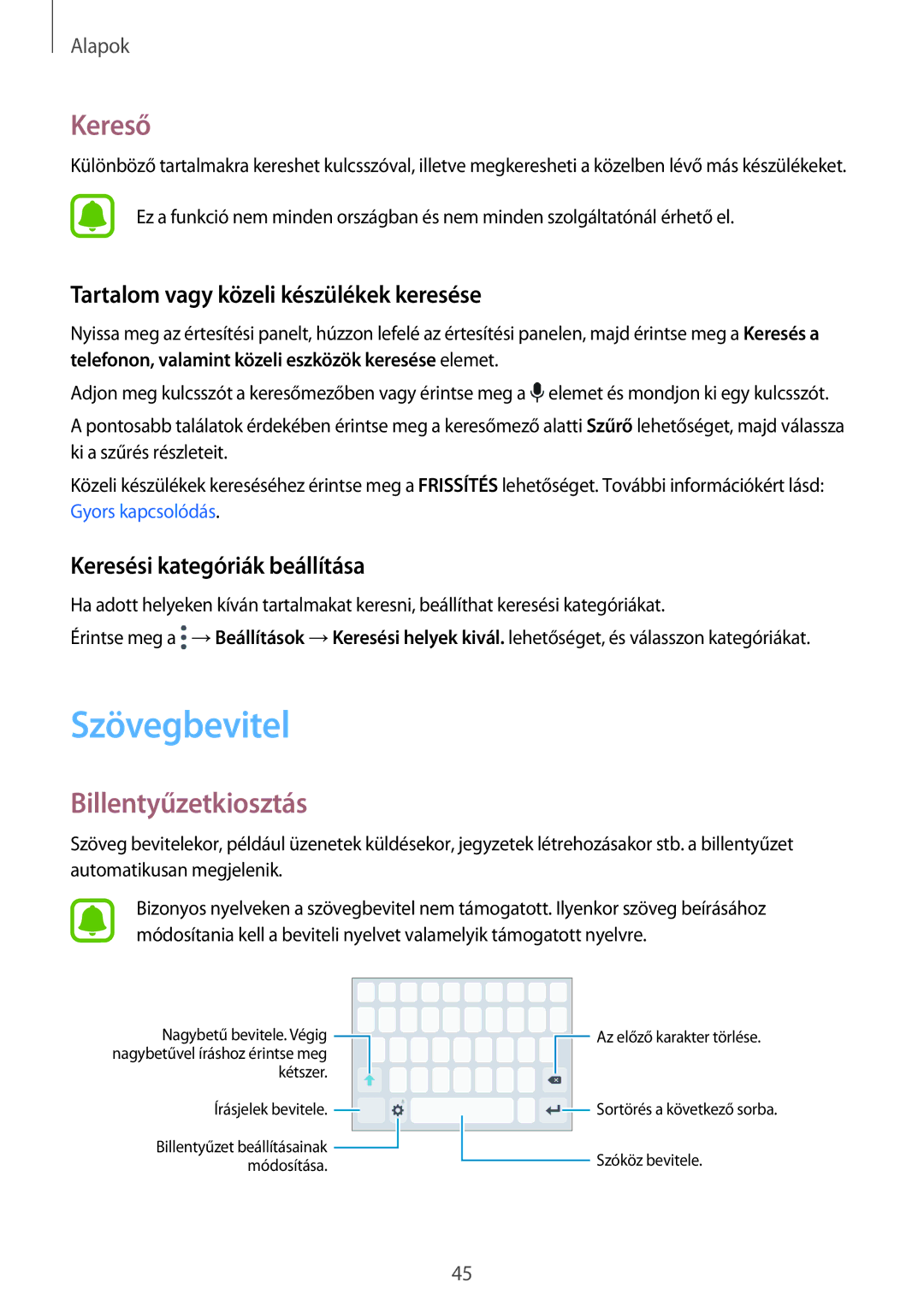 Samsung SM-A520FZKAXEH manual Szövegbevitel, Kereső, Billentyűzetkiosztás, Tartalom vagy közeli készülékek keresése 