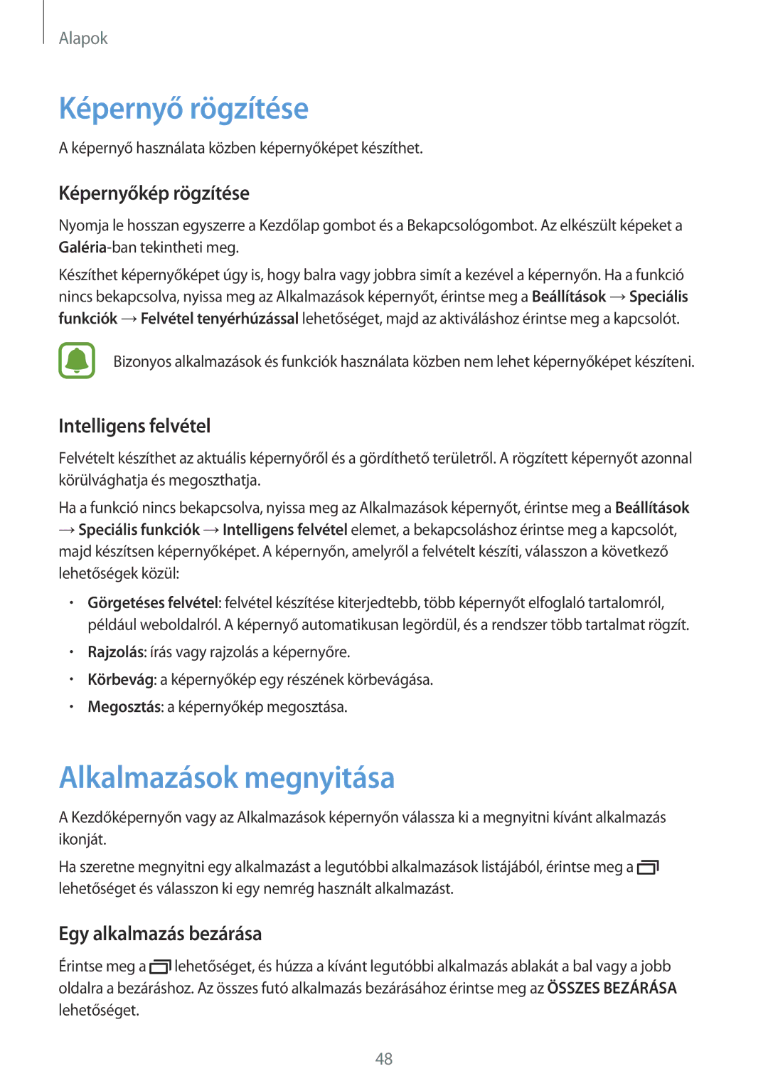 Samsung SM-A520FZKAXEH manual Képernyő rögzítése, Alkalmazások megnyitása, Képernyőkép rögzítése, Intelligens felvétel 