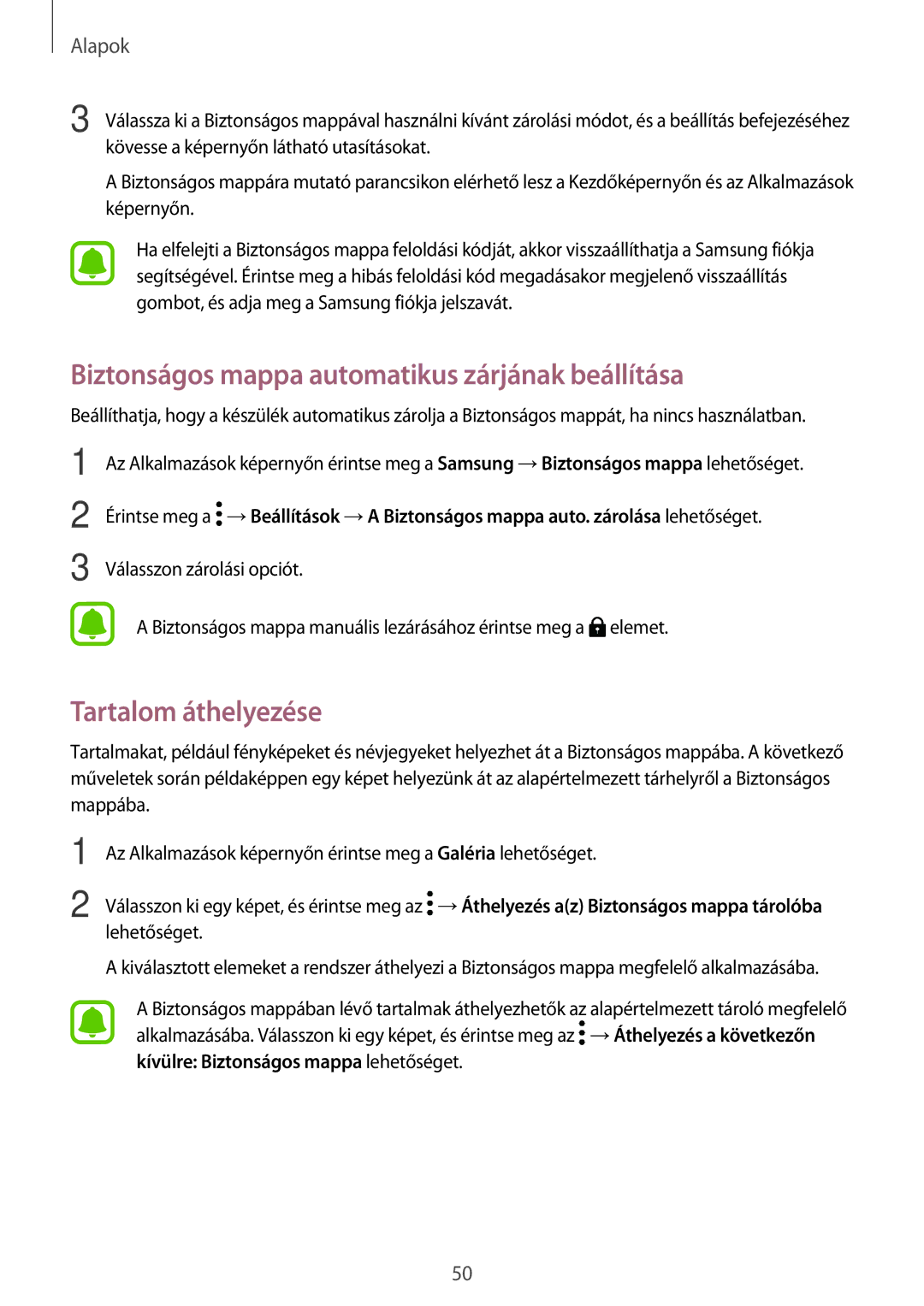 Samsung SM-A520FZKAXEH manual Biztonságos mappa automatikus zárjának beállítása, Tartalom áthelyezése 