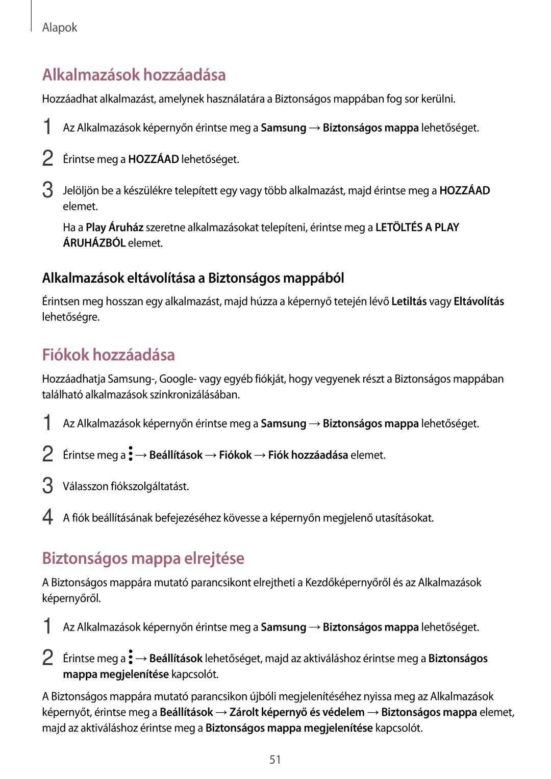 Samsung SM-A520FZKAXEH manual Alkalmazások hozzáadása, Fiókok hozzáadása, Biztonságos mappa elrejtése 