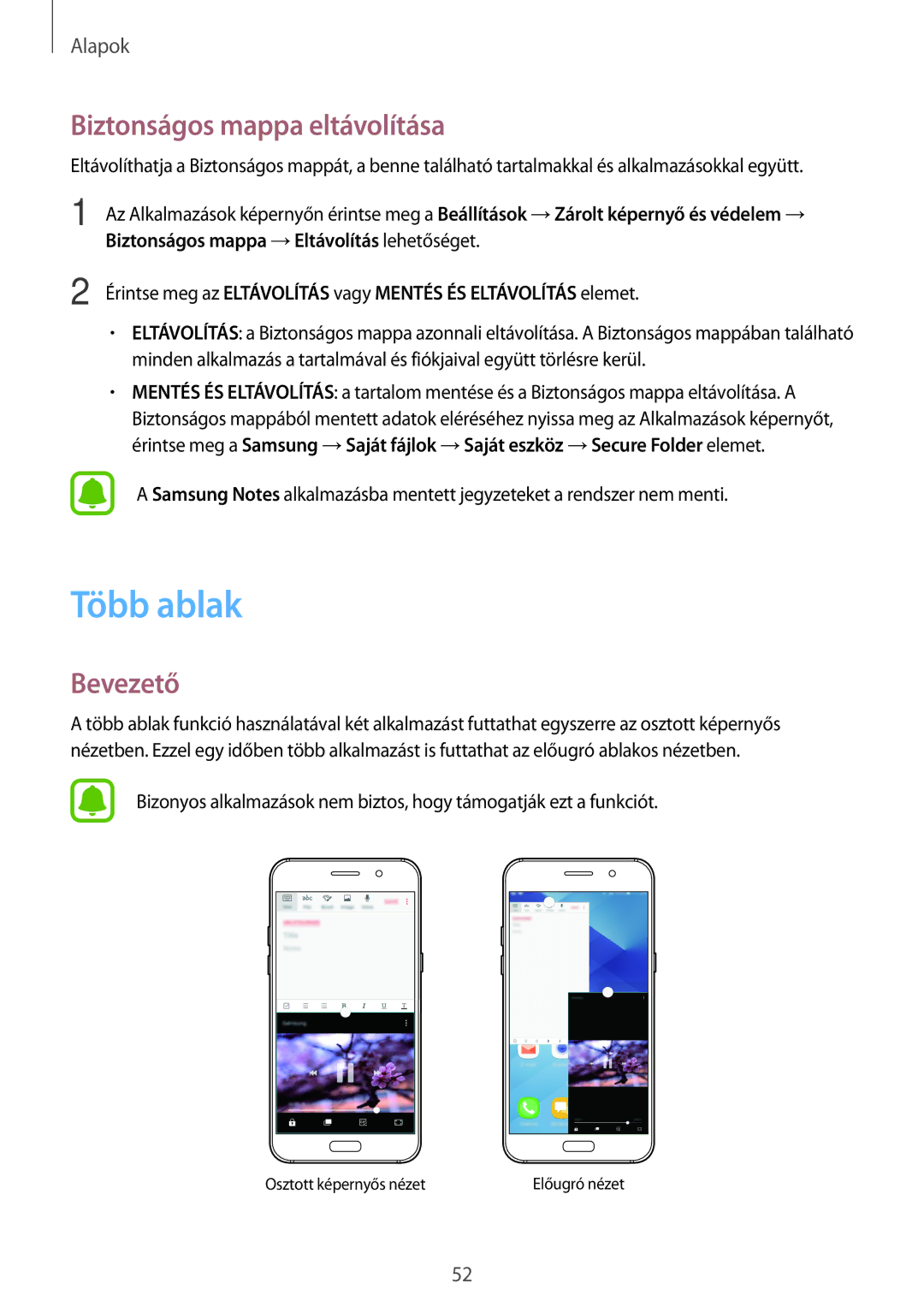 Samsung SM-A520FZKAXEH manual Több ablak, Biztonságos mappa eltávolítása 