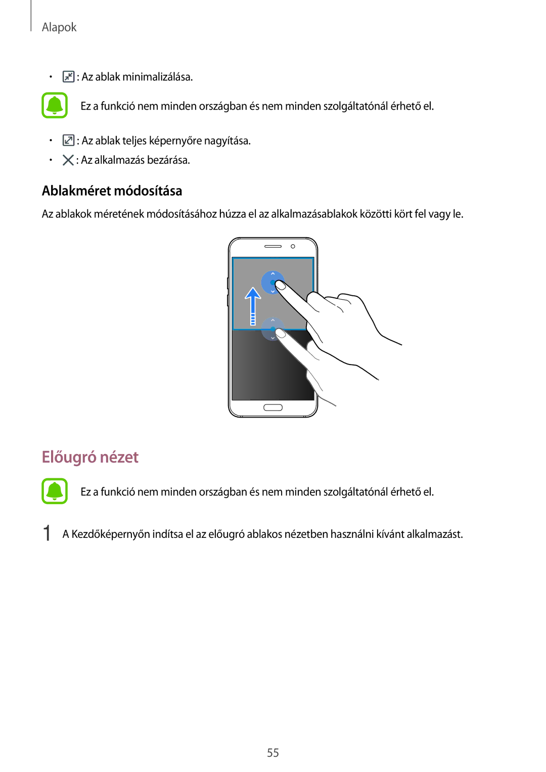 Samsung SM-A520FZKAXEH manual Előugró nézet, Ablakméret módosítása 