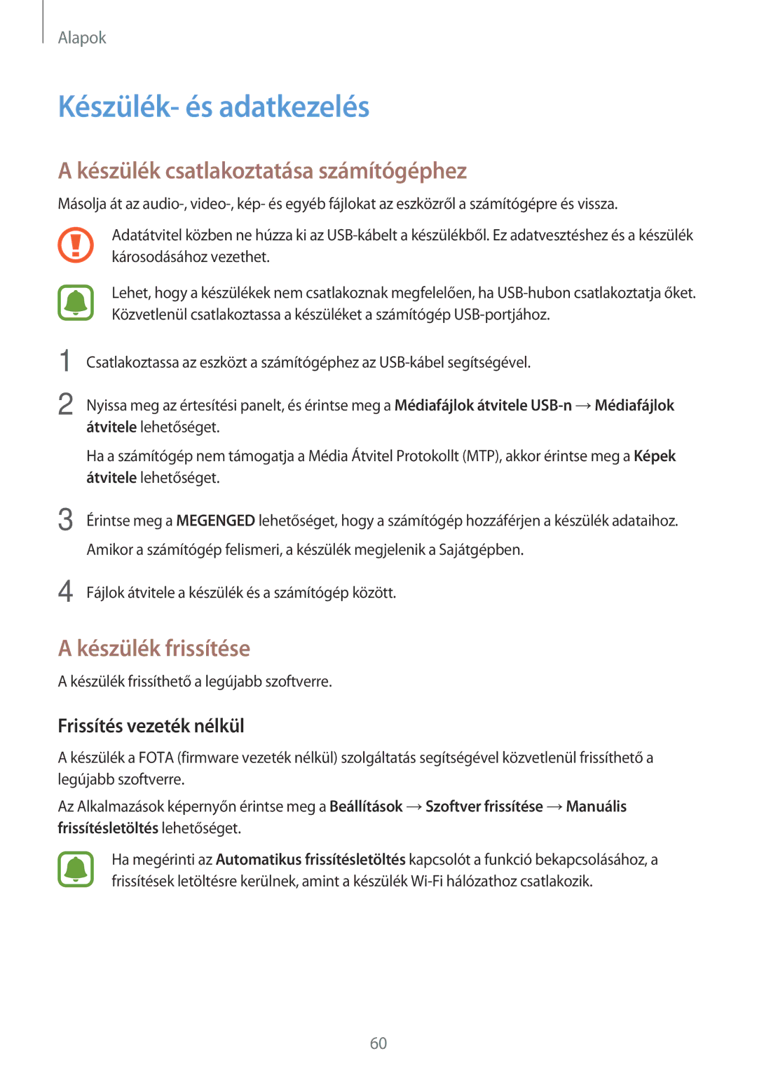 Samsung SM-A520FZKAXEH manual Készülék- és adatkezelés, Készülék csatlakoztatása számítógéphez, Készülék frissítése 