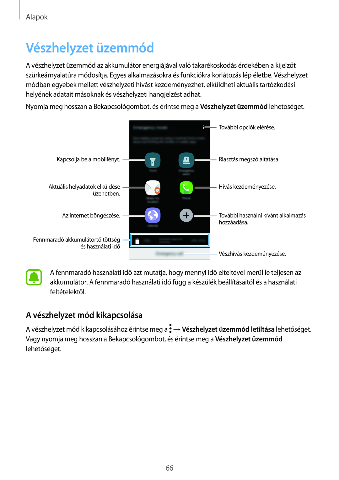 Samsung SM-A520FZKAXEH manual Vészhelyzet üzemmód, Vészhelyzet mód kikapcsolása 