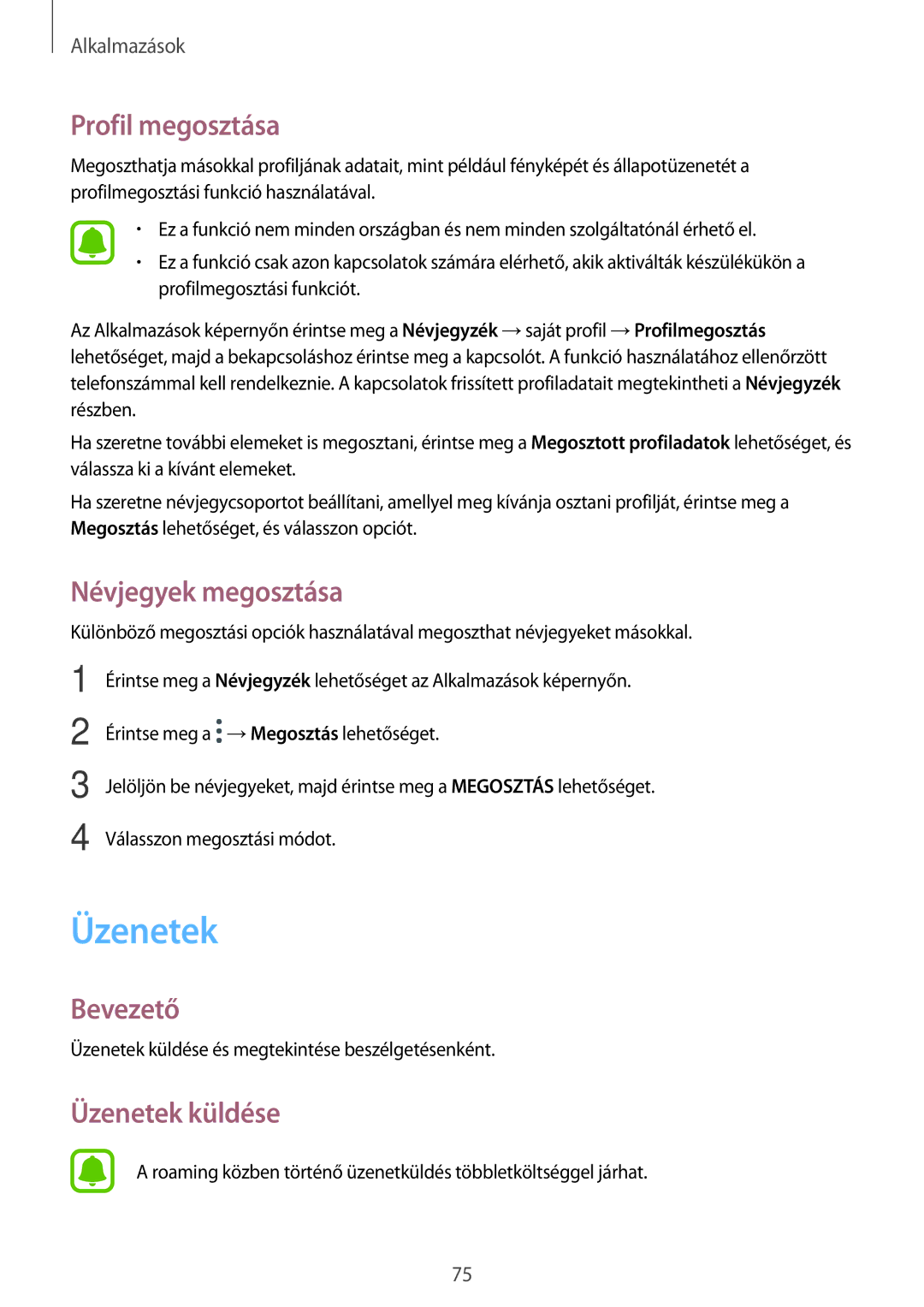 Samsung SM-A520FZKAXEH manual Profil megosztása, Névjegyek megosztása, Üzenetek küldése 