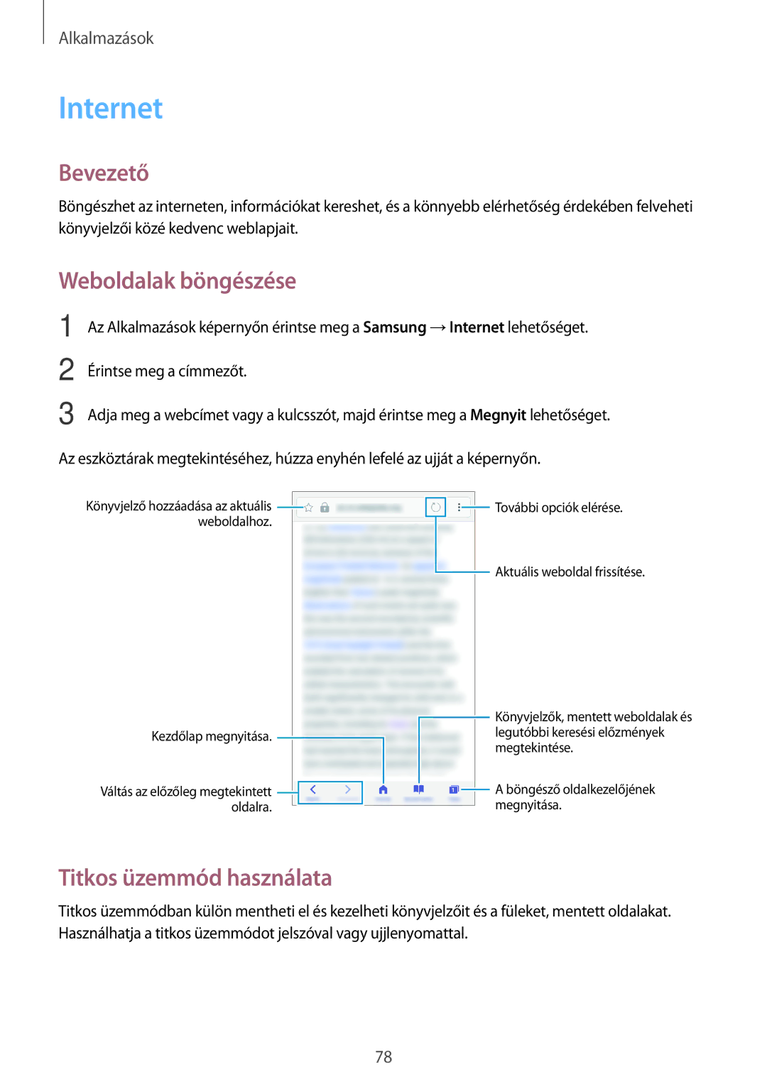 Samsung SM-A520FZKAXEH manual Internet, Weboldalak böngészése, Titkos üzemmód használata 