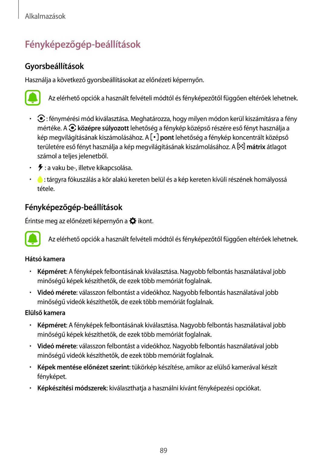 Samsung SM-A520FZKAXEH manual Fényképezőgép-beállítások, Gyorsbeállítások, Hátsó kamera, Elülső kamera 