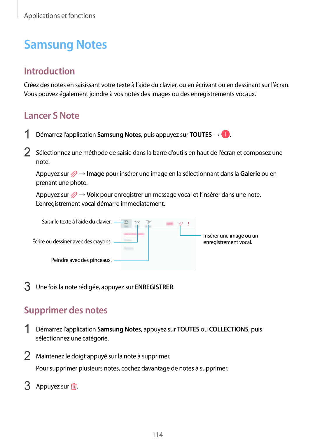 Samsung SM-A530FZDDXEF, SM-A530FZVDXEF, SM-A530FZKDXEF, SM-A530FZKAFTM Samsung Notes, Lancer S Note, Supprimer des notes 