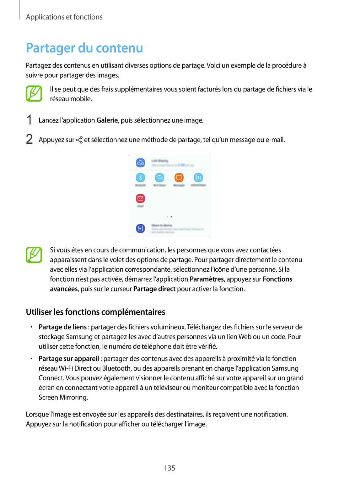 Samsung SM-A530FZKAFTM, SM-A530FZDDXEF, SM-A530FZVDXEF manual Partager du contenu, Utiliser les fonctions complémentaires 