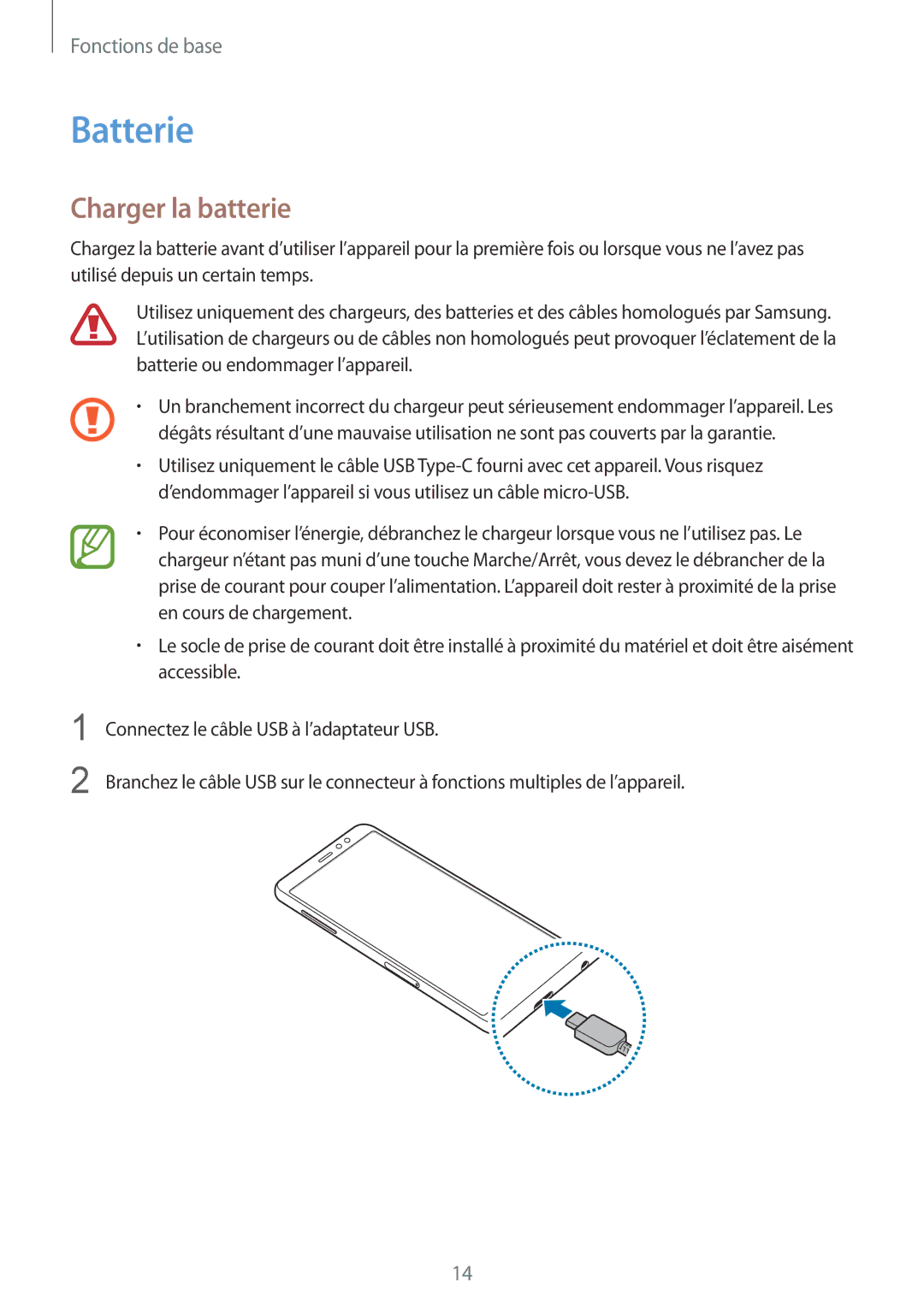 Samsung SM-A530FZKDXEF, SM-A530FZDDXEF, SM-A530FZVDXEF, SM-A530FZKAFTM, SM-A530FZDAFTM manual Batterie, Charger la batterie 