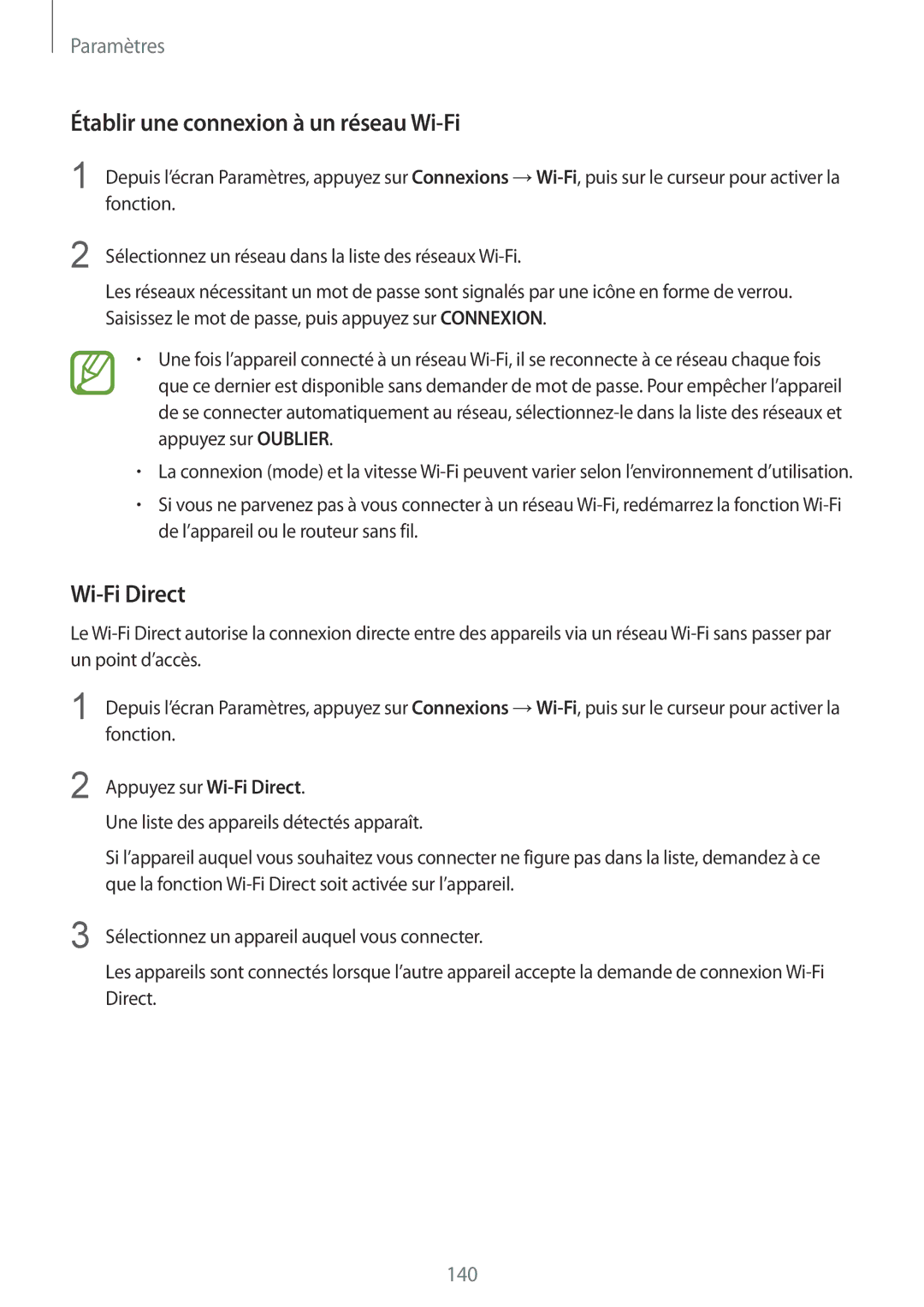 Samsung SM-A530FZKDXEF, SM-A530FZDDXEF, SM-A530FZVDXEF, SM-A530FZKAFTM Établir une connexion à un réseau Wi-Fi, Wi-Fi Direct 