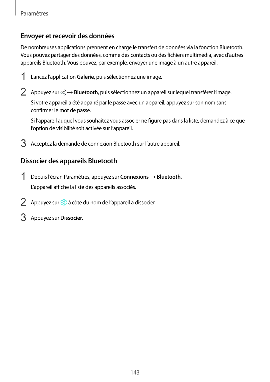 Samsung SM-A530FZVAFTM, SM-A530FZDDXEF, SM-A530FZVDXEF Envoyer et recevoir des données, Dissocier des appareils Bluetooth 