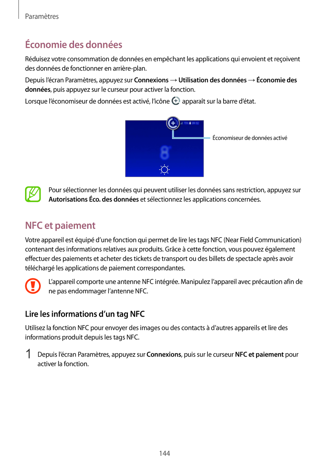 Samsung SM-A530FZDDXEF, SM-A530FZVDXEF manual Économie des données, NFC et paiement, Lire les informations d’un tag NFC 