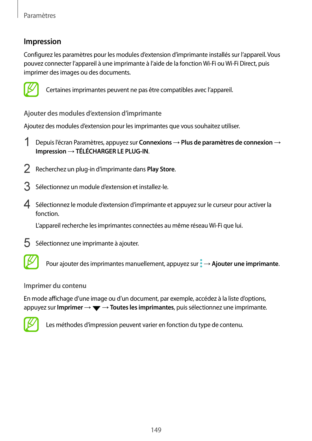 Samsung SM-A530FZVAFTM, SM-A530FZDDXEF manual Impression, Ajouter des modules d’extension d’imprimante, Imprimer du contenu 