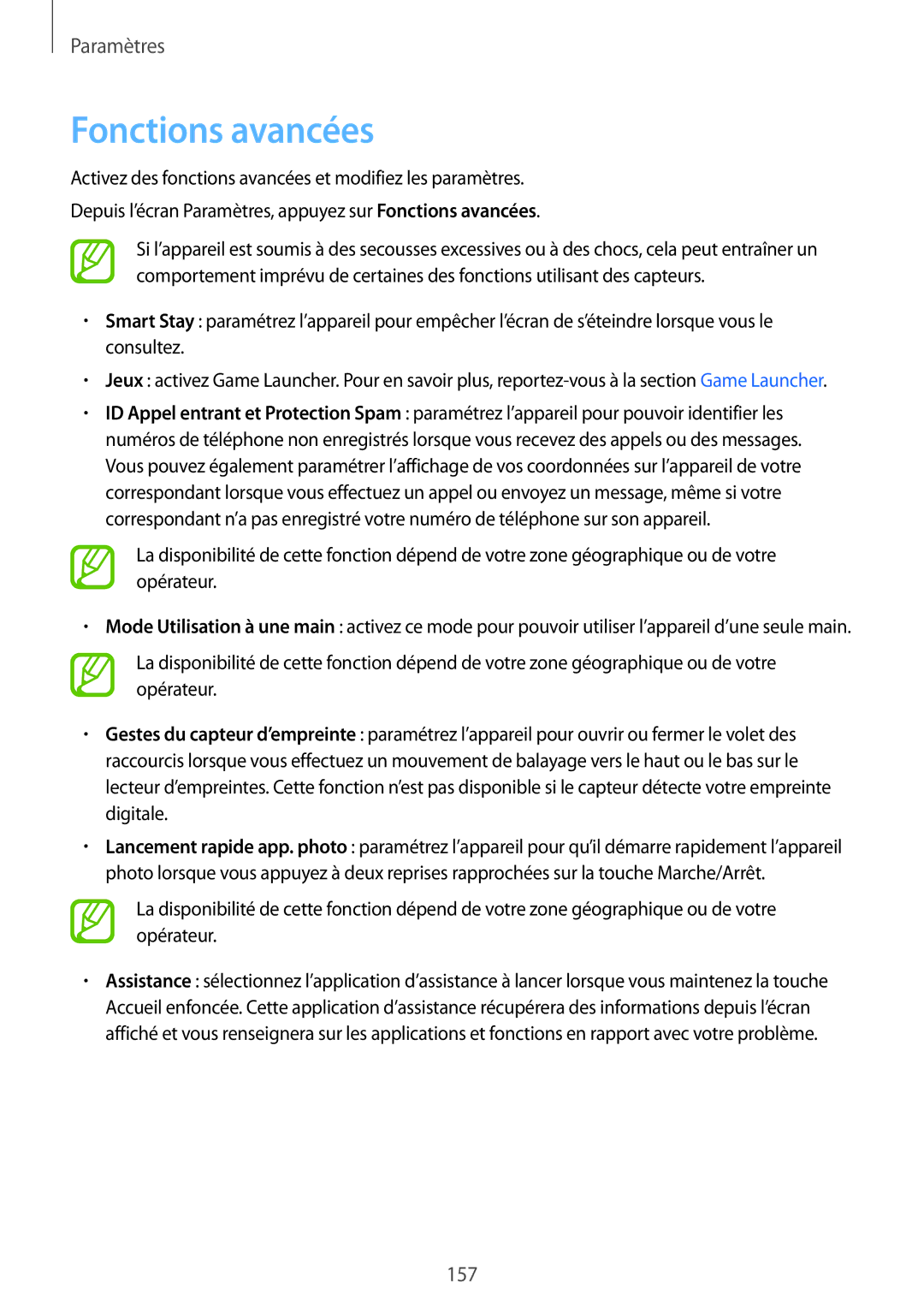 Samsung SM-A530FZVDXEF, SM-A530FZDDXEF, SM-A530FZKDXEF, SM-A530FZKAFTM, SM-A530FZDAFTM, SM-A530FZVAFTM manual Fonctions avancées 