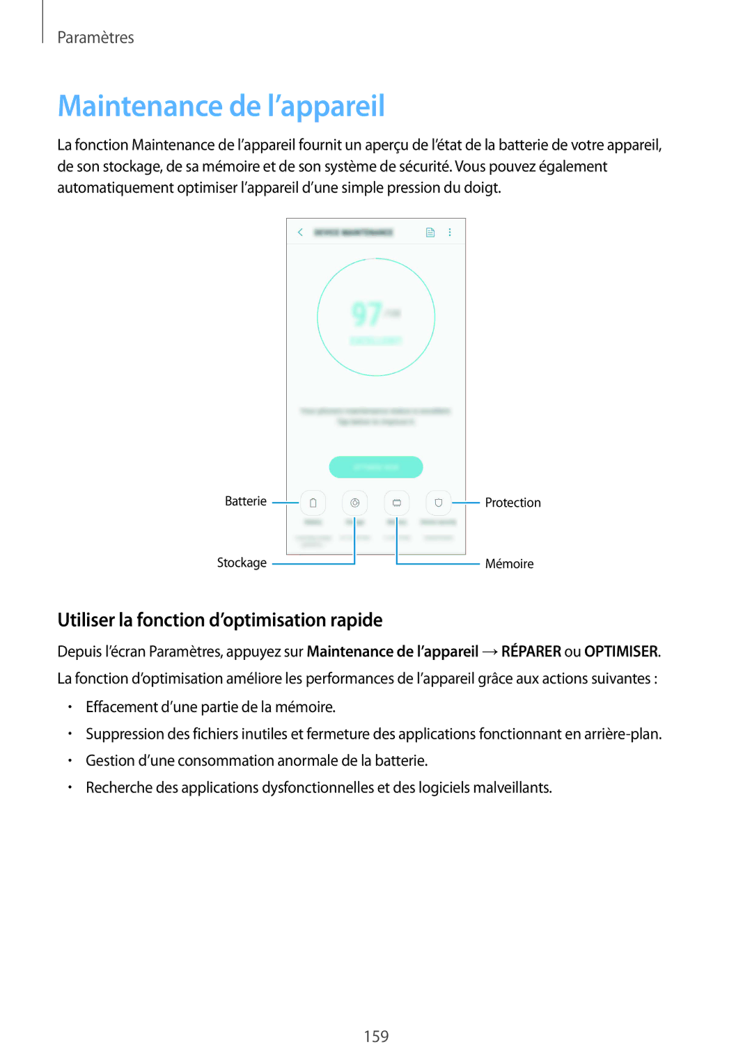 Samsung SM-A530FZKAFTM, SM-A530FZDDXEF manual Maintenance de l’appareil, Utiliser la fonction d’optimisation rapide 