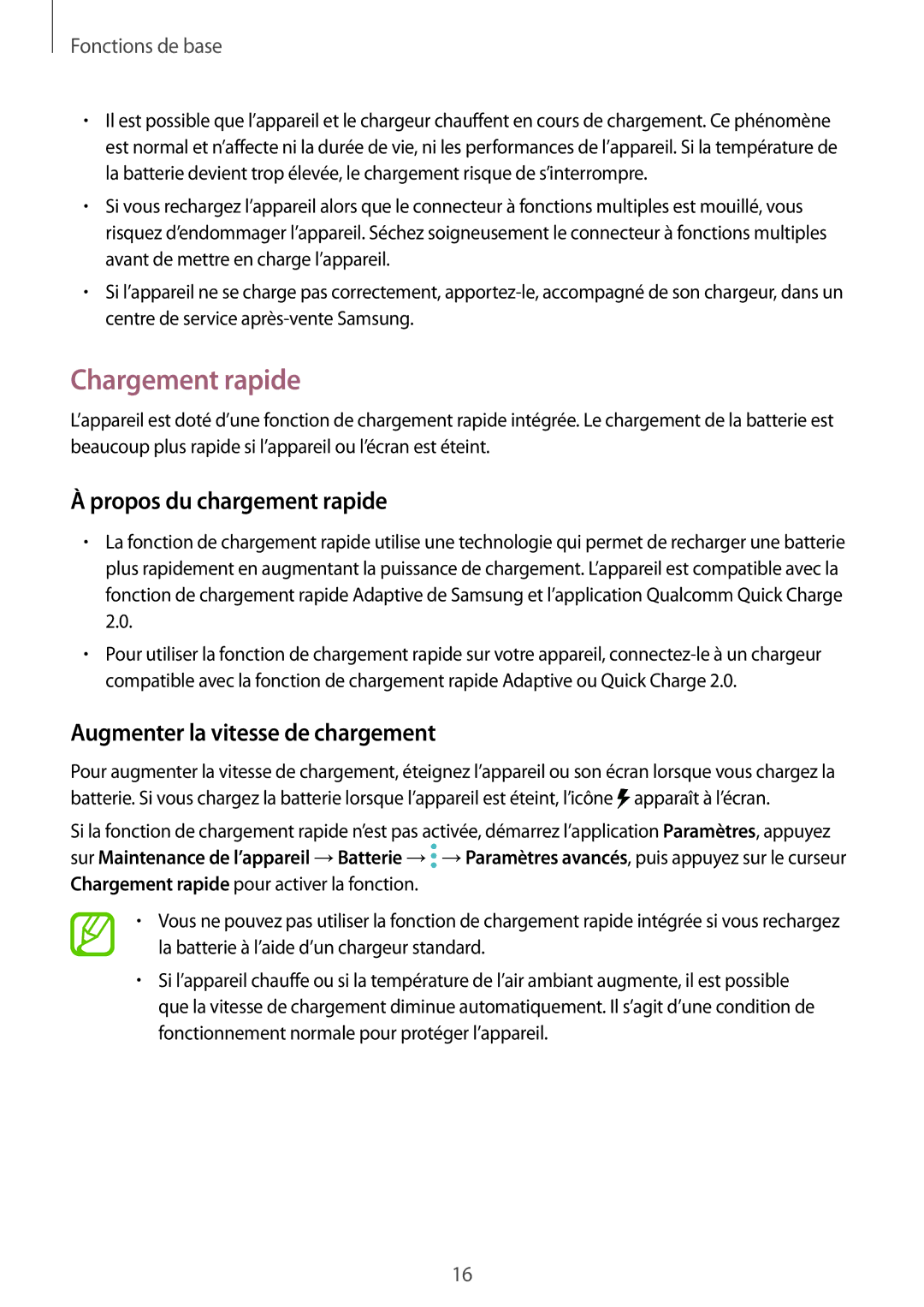 Samsung SM-A530FZDAFTM, SM-A530FZDDXEF Chargement rapide, Propos du chargement rapide, Augmenter la vitesse de chargement 