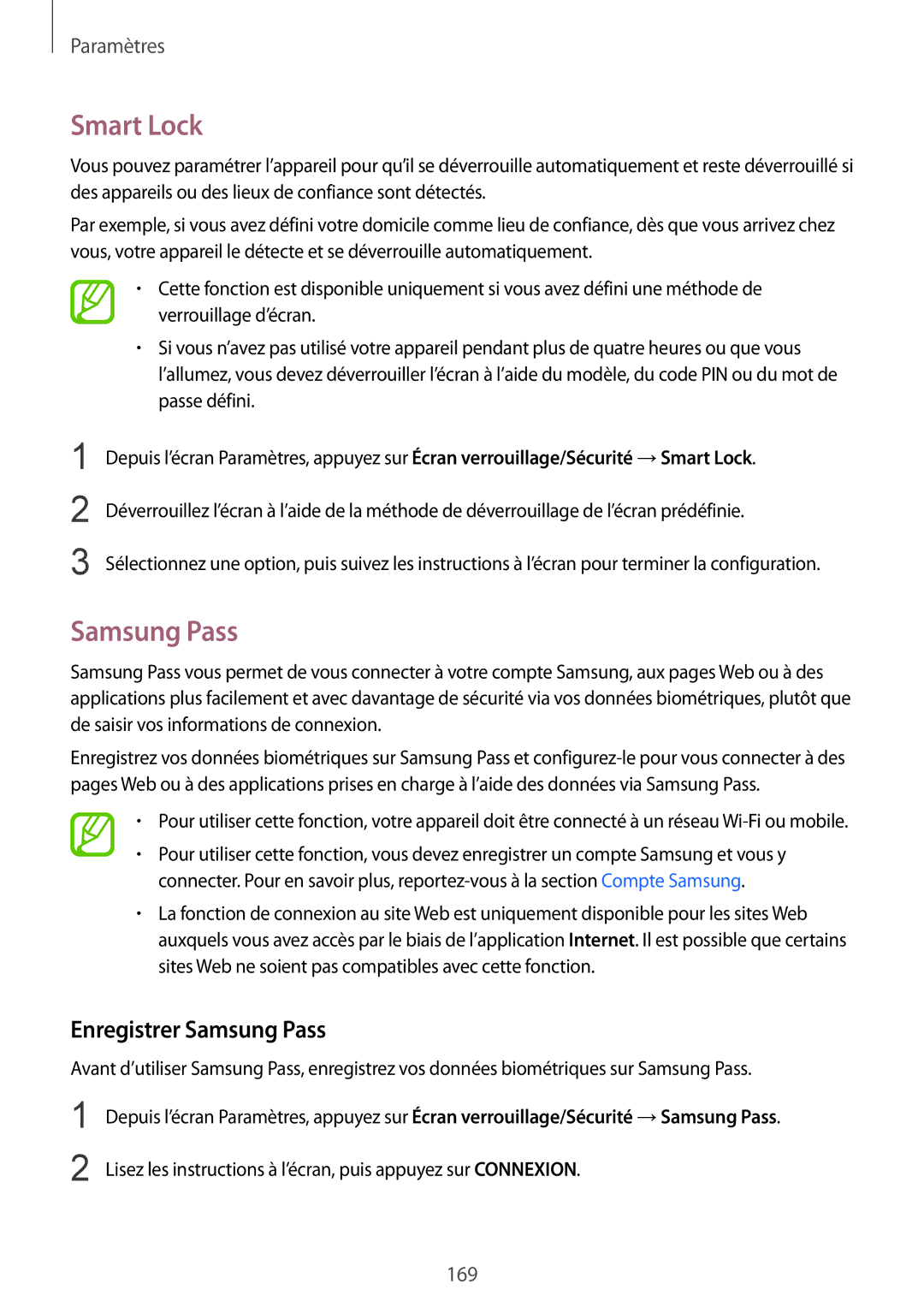 Samsung SM-A530FZVDXEF, SM-A530FZDDXEF, SM-A530FZKDXEF, SM-A530FZKAFTM manual Smart Lock, Enregistrer Samsung Pass 