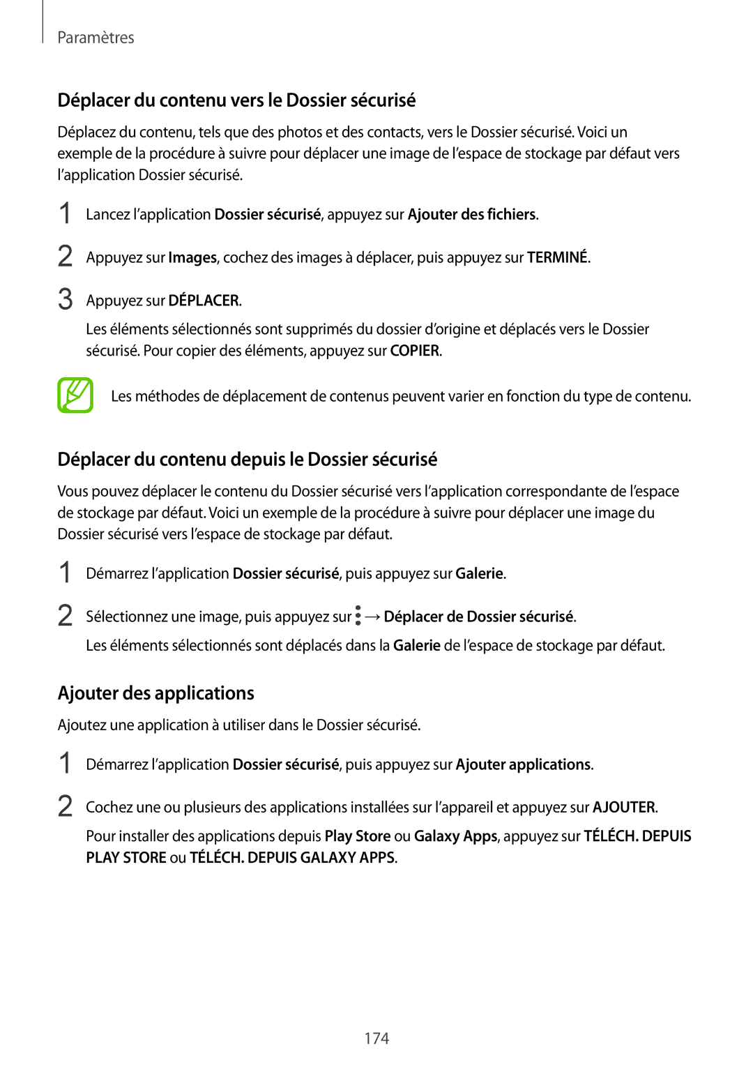 Samsung SM-A530FZDDXEF manual Déplacer du contenu vers le Dossier sécurisé, Déplacer du contenu depuis le Dossier sécurisé 