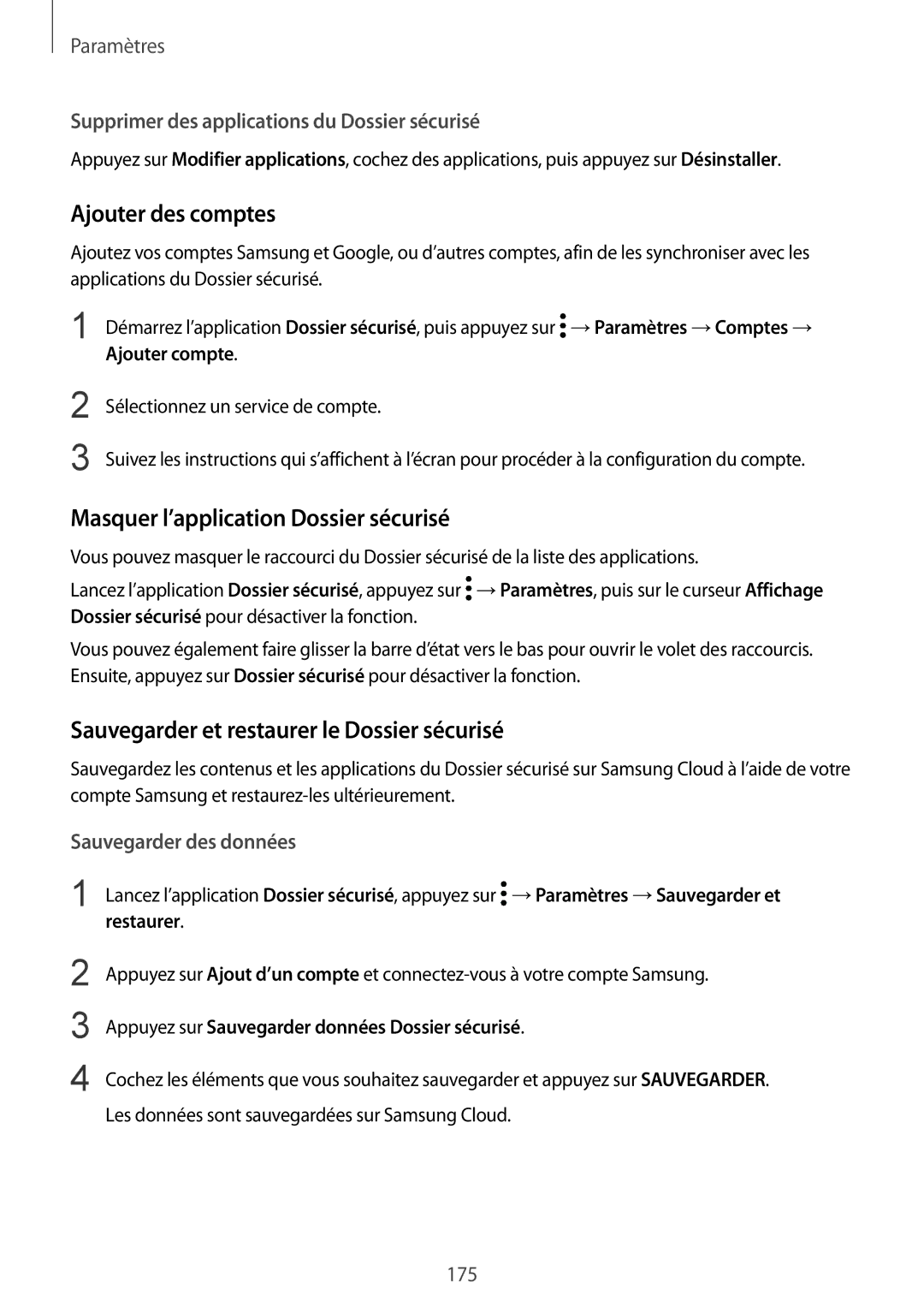 Samsung SM-A530FZVDXEF manual Ajouter des comptes, Masquer l’application Dossier sécurisé, Sauvegarder des données 