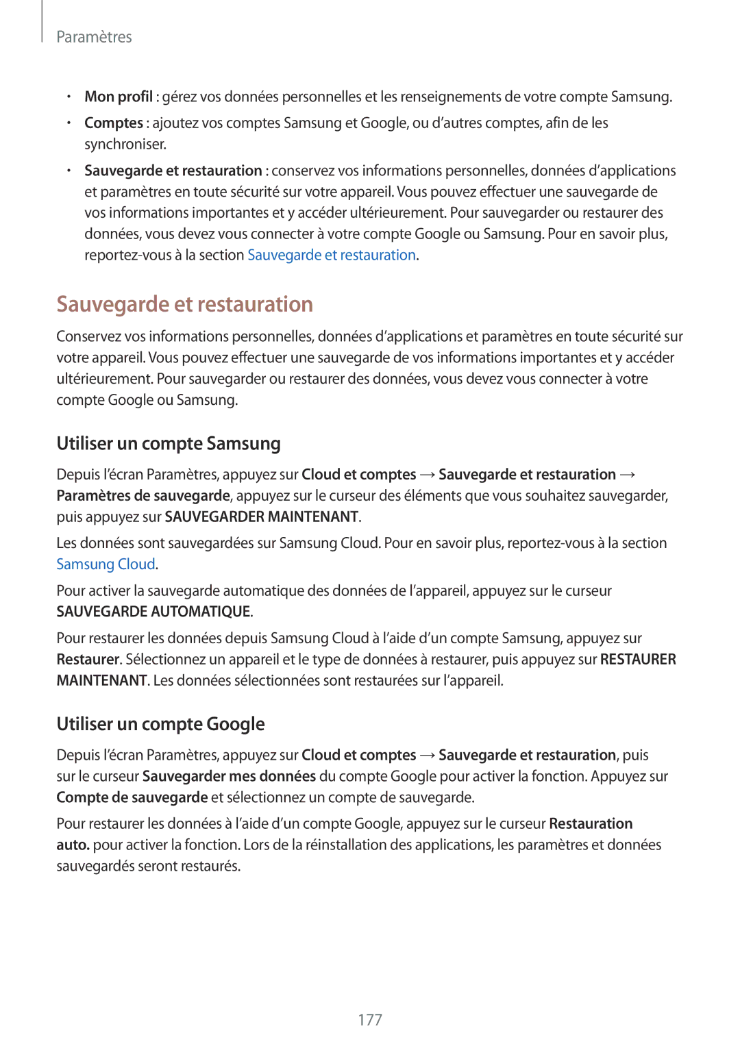 Samsung SM-A530FZKAFTM, SM-A530FZDDXEF Sauvegarde et restauration, Utiliser un compte Samsung, Utiliser un compte Google 