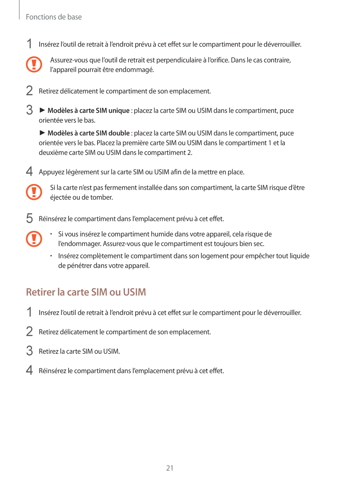 Samsung SM-A530FZKAFTM, SM-A530FZDDXEF, SM-A530FZVDXEF, SM-A530FZKDXEF, SM-A530FZDAFTM manual Retirer la carte SIM ou Usim 