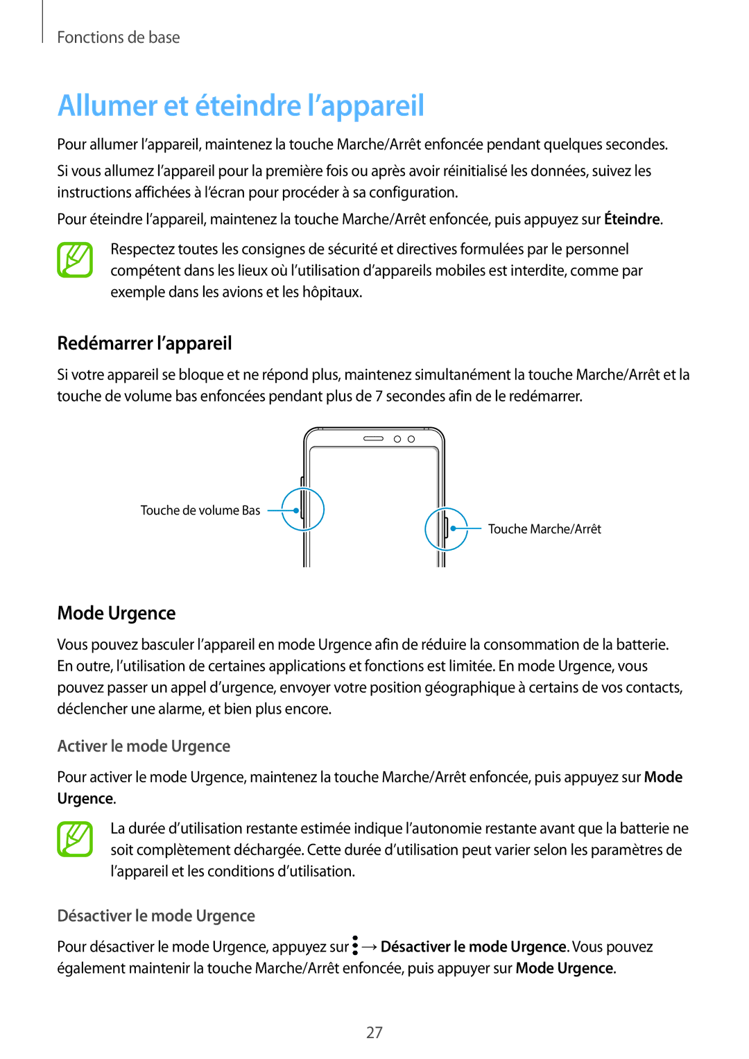 Samsung SM-A530FZKAFTM manual Allumer et éteindre l’appareil, Redémarrer l’appareil, Mode Urgence, Activer le mode Urgence 