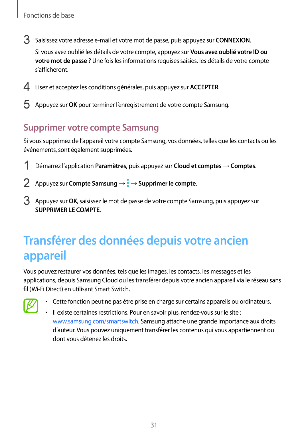 Samsung SM-A530FZVDXEF, SM-A530FZDDXEF Transférer des données depuis votre ancien appareil, Supprimer votre compte Samsung 