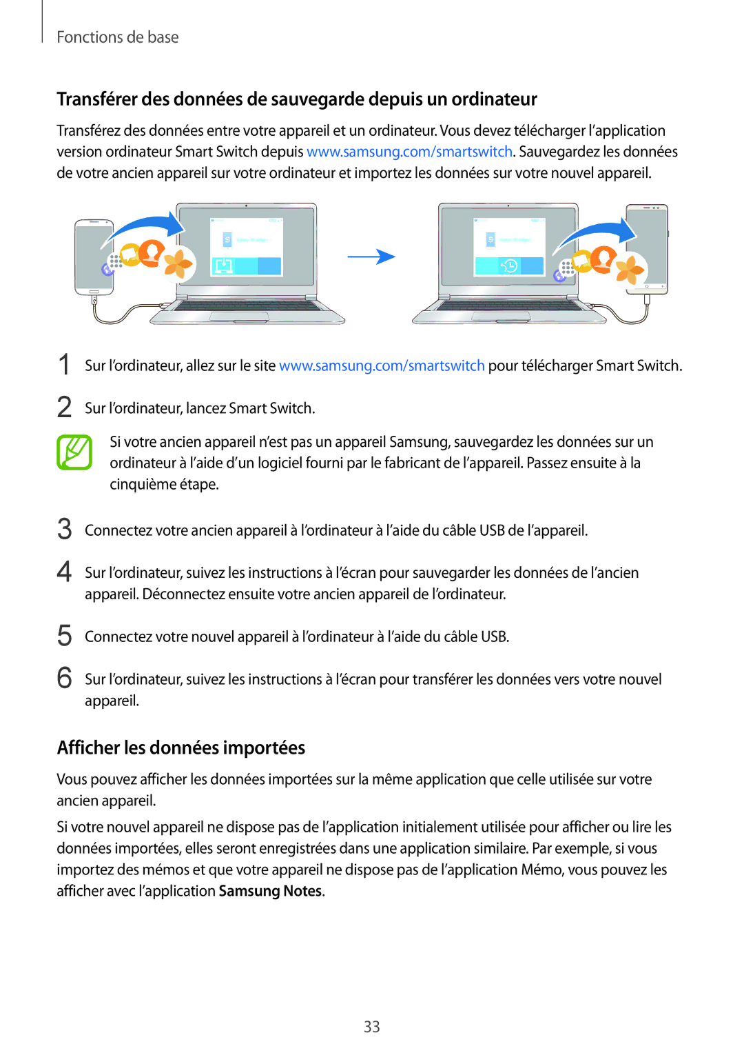 Samsung SM-A530FZKAFTM manual Transférer des données de sauvegarde depuis un ordinateur, Afficher les données importées 