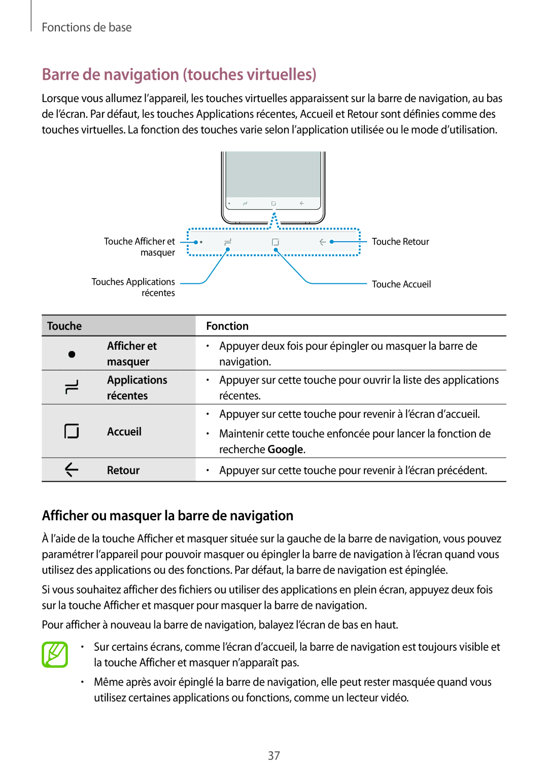 Samsung SM-A530FZVDXEF, SM-A530FZDDXEF Barre de navigation touches virtuelles, Afficher ou masquer la barre de navigation 