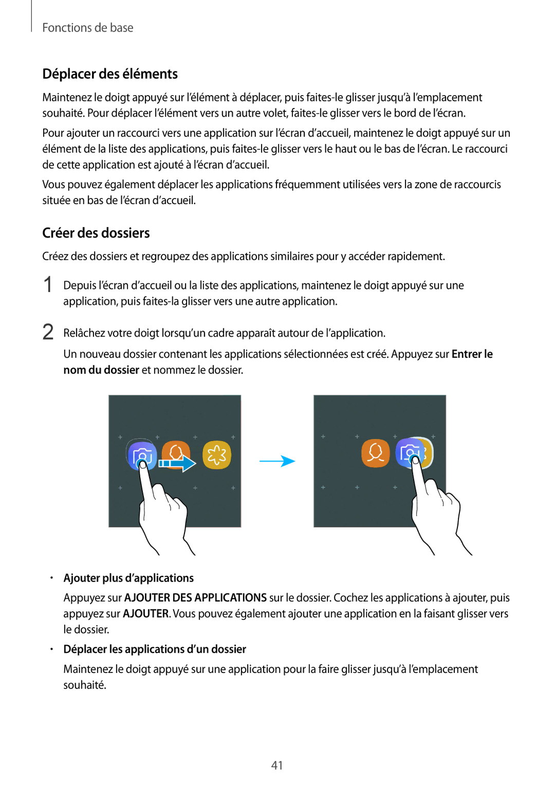 Samsung SM-A530FZVAFTM, SM-A530FZDDXEF manual Déplacer des éléments, Créer des dossiers, Ajouter plus d’applications 